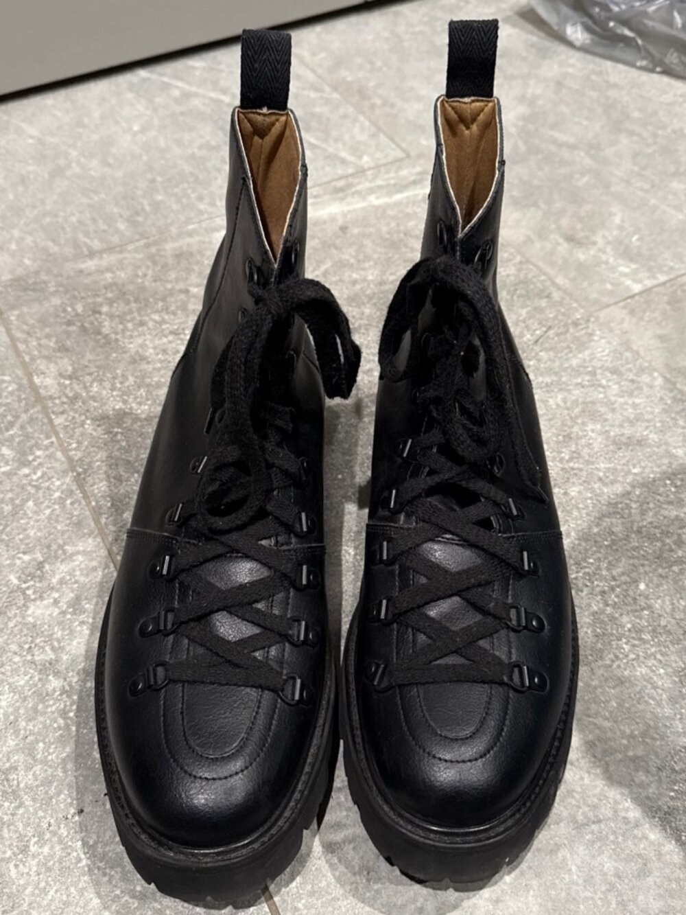 Grenson Vegan Nanette Black Leather Hiker Boots Pristine UK 11G US 12E